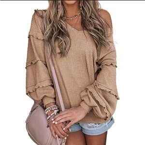 Tan Ruffle Sleeve Sweater
